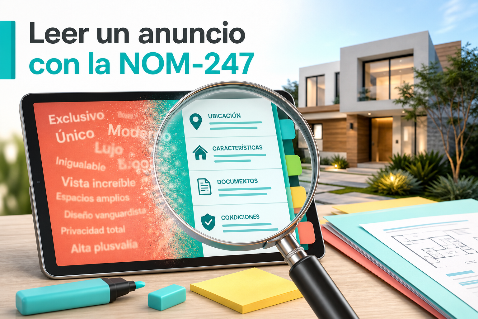 Infografía Academia ASINMEX sobre cómo leer un anuncio inmobiliario distinguiendo la publicidad valorativa de la información que exige la NOM-247.