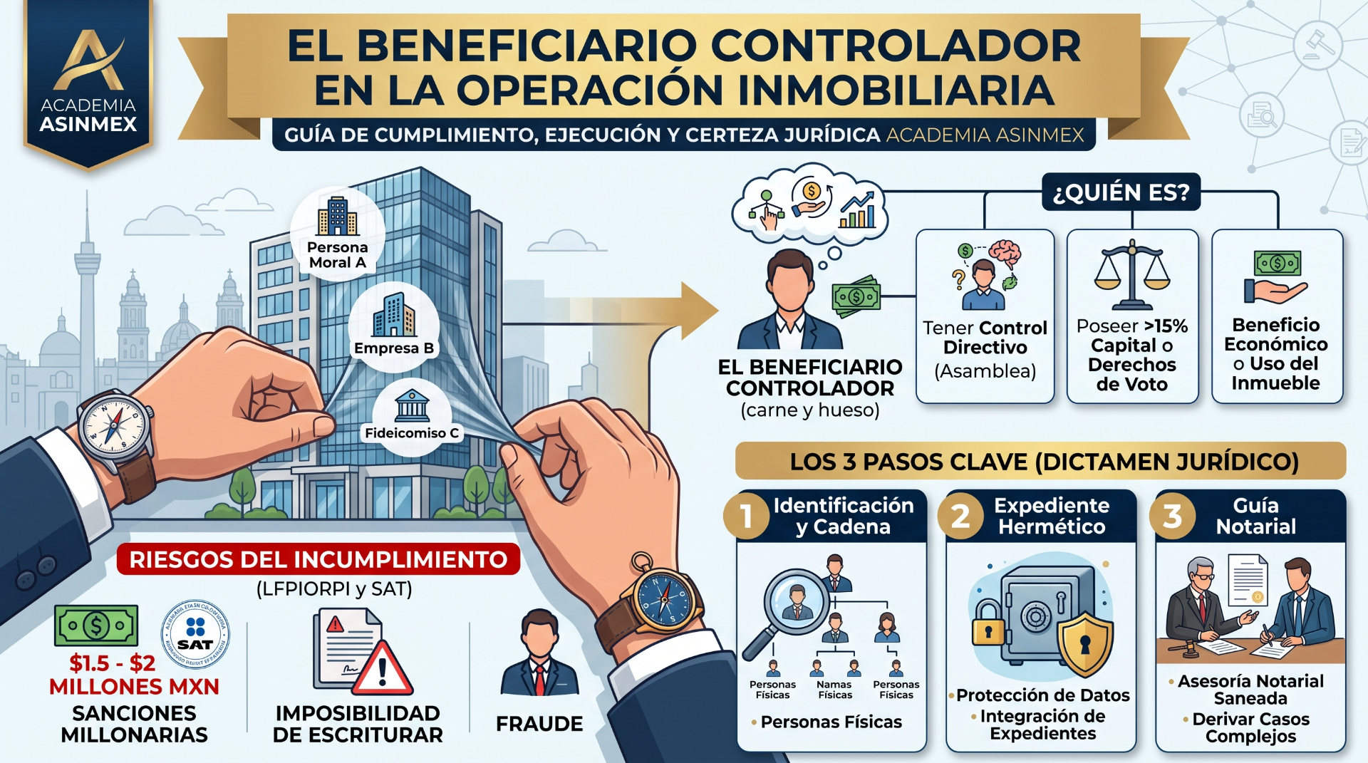 Infografía Academia ASINMEX sobre el beneficiario controlador en la operación inmobiliaria: definición, riesgos LFPIORPI/SAT y los 3 pasos del dictamen jurídico.