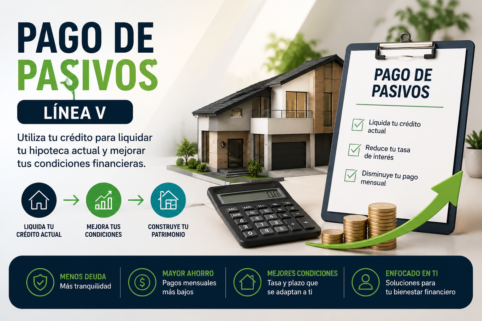 Infografía Academia ASINMEX sobre el Pago de Pasivos Infonavit Línea V: liquidar el crédito actual, mejorar condiciones y construir patrimonio.