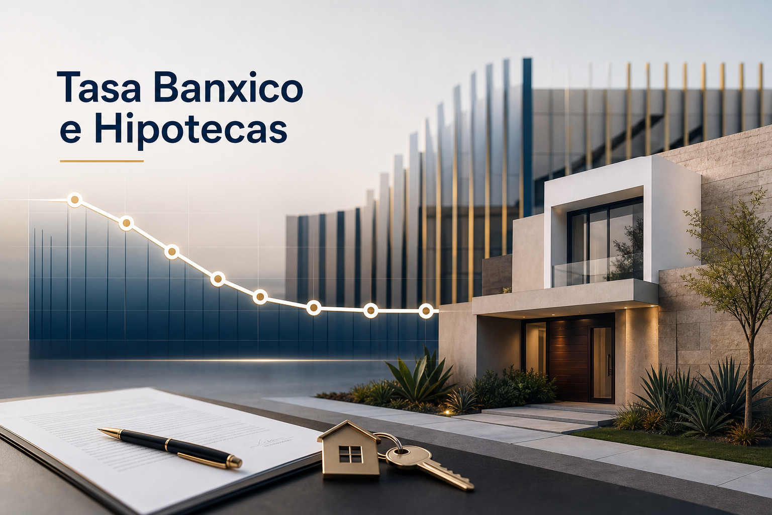 Gráfica descendente de la tasa de referencia de Banxico junto a una vivienda residencial y un contrato hipotecario firmado, ilustrando su impacto en los créditos hipotecarios en México.