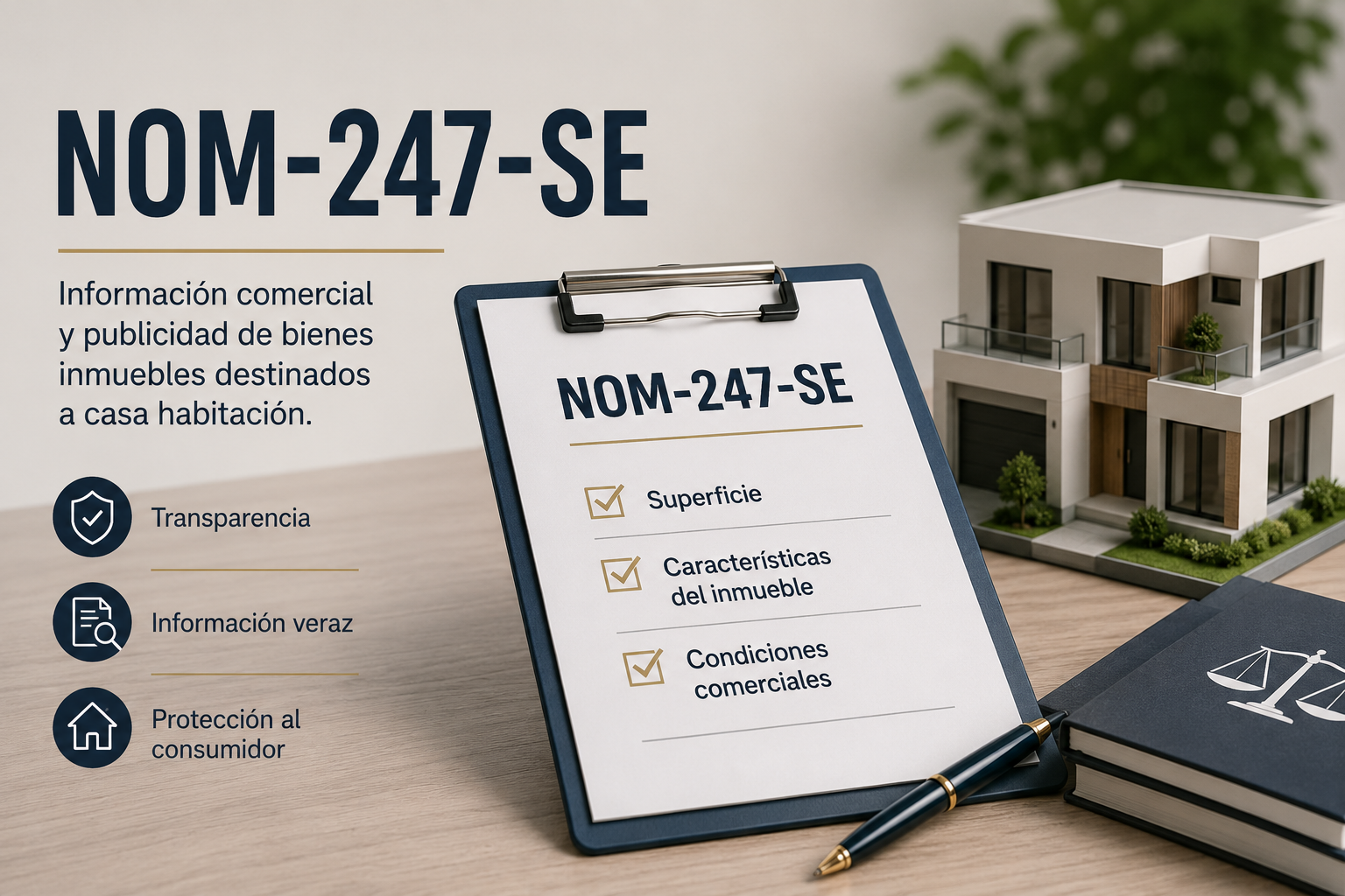 Infografía Academia ASINMEX sobre la NOM-247-SE-2021: requisitos de publicidad veraz, contratos registrados ante PROFECO y cláusulas prohibidas en la compraventa de vivienda en México.