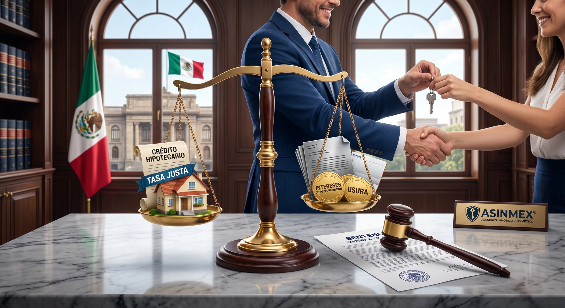 Representación legal de balanza equilibrando un crédito hipotecario con tasas justas frente a la usura, respaldado por ASINMEX en México.