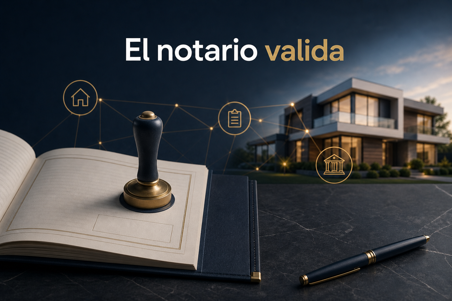Infografía Academia ASINMEX sobre la función del notario como fedatario público y tercero validador en la operación inmobiliaria.