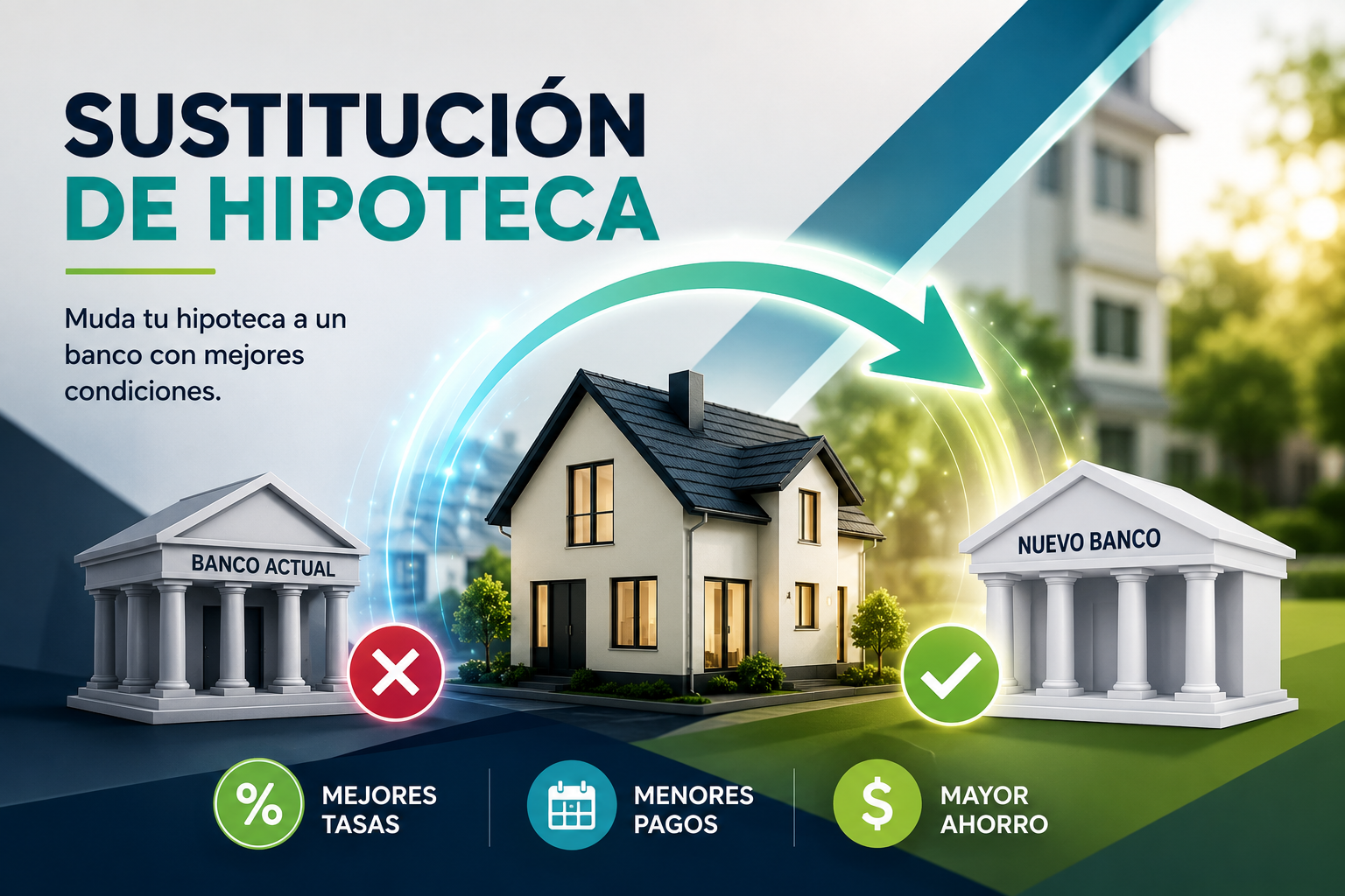 Infografía Academia ASINMEX sobre la sustitución de hipoteca: traslado del crédito del banco actual a un nuevo banco con mejores tasas, menores pagos y mayor ahorro.